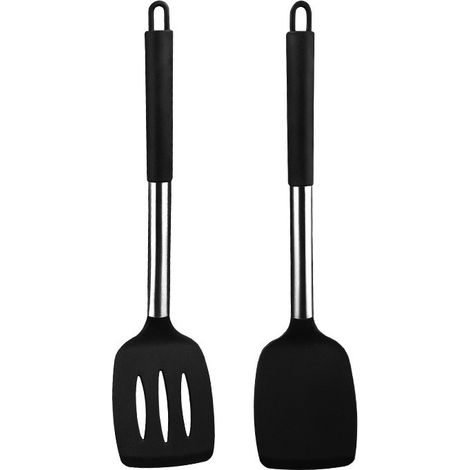Lot de 2 spatules en silicone avec manche en acier inoxydable – Spatule solide et trouée, résistante à la chaleur et antiadhésive pour la cuisson et le rôtissage
