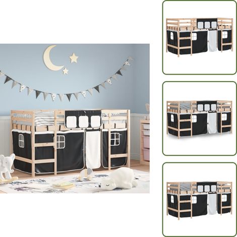 Letto a soppalco con tende - vidaXL Letto a Soppalco con Tende Bambini Bianco e Nero 80x200 cm Pino - Letto a soppalco con sponde di sicurezza