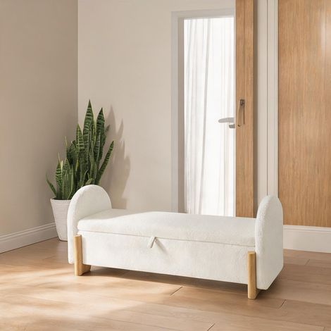 Banc de rangement 146 cm tissu bouclé blanc bois d'hévéa (1/5)