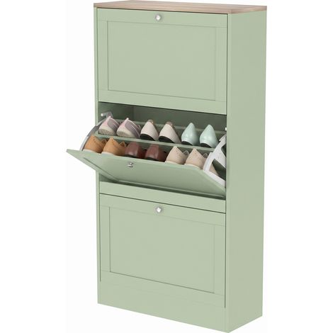 Armoire à Chaussures Verte, 3 Portes Abattantes, 18 Paires, 60 x 23,5 x 115 cm, Meuble d'Entrée et Couloir, Rangement Peu Profond (1/5)