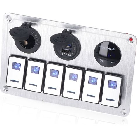 Panneau commutateur bascule 6 positions On-Off éclairage LED bleu port USB double 2.1A chargeur alliage aluminium pour voiture camping-car (1/5)