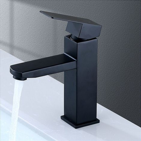 Grifo de baño negro, grifo de lavabo alto tipo cascada de acero inoxidable, negro mate. (1/3)