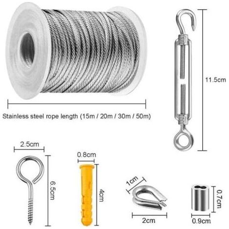 Coavas – Câble en acier inoxydable 30m – Résistant à la corrosion – Accessoires inclus pour installation rapide – Pour suspension extérieure (1/5)