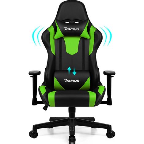 Chaise Gaming, Chaise Bureau Ergonomique avec Coussin Lombaire, Appui-tête et Accoudoirs Réglables, Fauteuil Gaming avec Fonction Bascule 150 kg, Vert