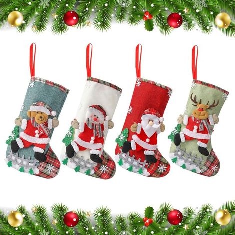 Set di 4 calze natalizie personalizzate - Disegni di Babbo Natale, pupazzo di neve e renne - Decorazione natalizia per camino - Regali di Natale - Decorazione natalizia per la casa (1/4)