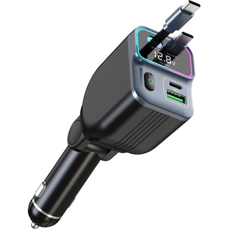 65W+18W 4 en 1 Rapide Chargeur Allume Cigare USB C Rétractable Chargeur voiture 12V/24V avec câble Type-C rétractable, ports USB-C/USB-A, design 90° pliable, compatible 15/Android (1/5)