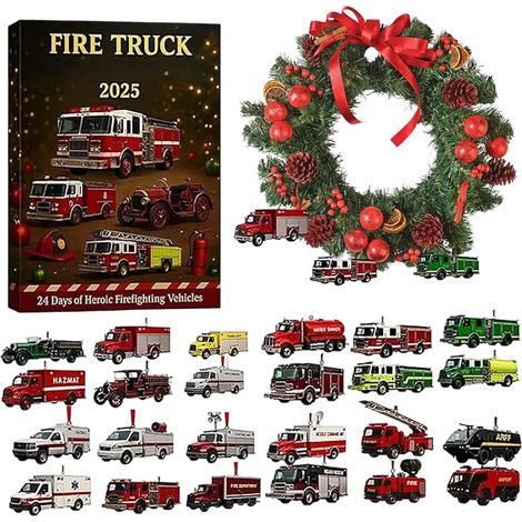 Calendrier de l'Avent 2025 camion de pompiers pour enfants, camion de pompiers en acrylique 2D, décoration de sapin de Noël, calendrier de l'Avent, pendentif camion de pompiers avec compte à rebours (1/5)