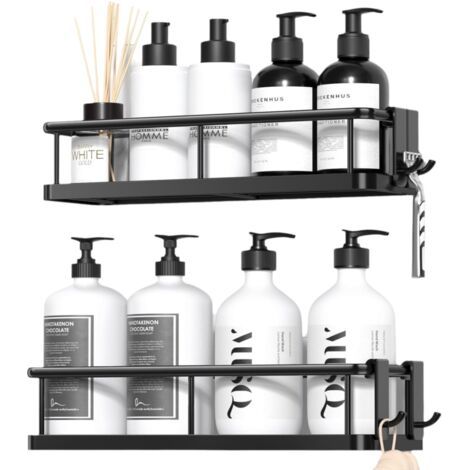 Étagère de douche sans perçage - Organiseur de salle de bain avec grande capacité - Séchage rapide sans perçage - Support de shampooing pour douche avec 4 crochets - En acier inoxydable - Noir (1/5)