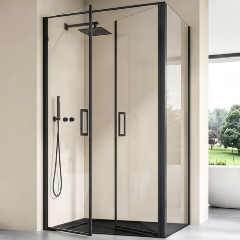 doporro Eck-Duschkabine Ravenna66 90x140x195cm Schwarz Eckdusche mit Duschtasse ESG-Sicherheitsglas Klarglas inkl. beidseitiger Easy-Clean-Beschichtung (1/5)