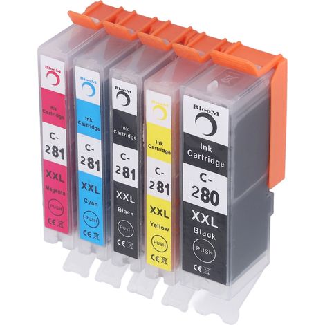 Cartouches d'encre 280/281 à impression fluide, pack combiné de remplacement pour imprimantes PIXMA TS702 et TR7520 (5 couleurs : noir, noir, cyan, jaune).