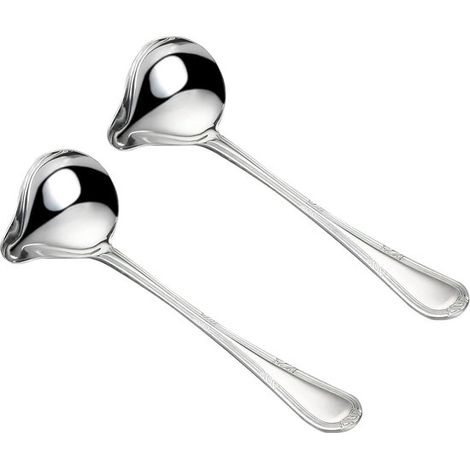Set di 2 mestoli a forma di becco d'anatra, in acciaio inox, con manico lungo e beccuccio, ideali per condimenti, zuppe e sughi. (1/5)