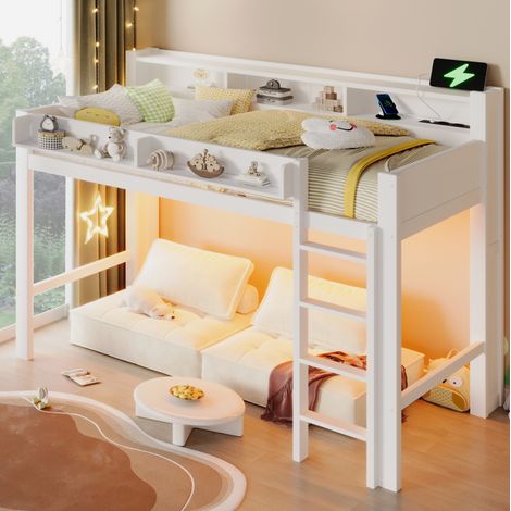 Cama alta moderna de madera blanca 90x200 cm con escritorio, 3 armarios, LED, USB y somier de láminas