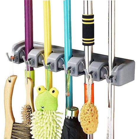 Multifunctional, wall-mounted broom holder, clothes rail for kitchen, garage, laundry room, bathroom and garden (5 slots and 6 hooks) (1/5)