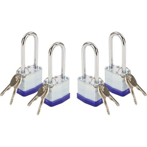Cadenas à clé 40 mm à anse longue, cadenas robuste en acier laminé pour portails, hangars, boîtes à outils et casiers (avec clé) (1/4)