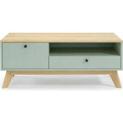 CHICFURN Mesa de centro rectangular 100x50 cm MDF verde claro con cajón, puerta y nicho abierto (1/5)