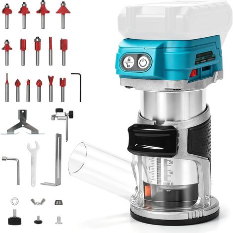Défonceuse sans fil compatible avec batterie 18 V (sans batterie), tondeuse à bois électrique sans balais de 900 W avec 6 vitesses, guide droit, roue de guidage, 15 embouts de fraisage (1/5)