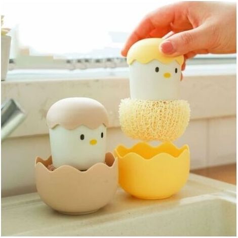 Brosse à récurer de cuisine avec motif de poulet en coquille d'œuf de dessin animé avec boule de nettoyage en fibre ForNano et poignée intégrée pour un nettoyage efficace des casseroles et po (1/5)