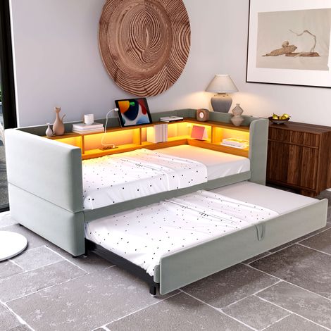 MEUBLIV Schlafsofa 90/180x190 cm Hellgrau – mit LED, Stauraum, ohne Matratze (1/5)