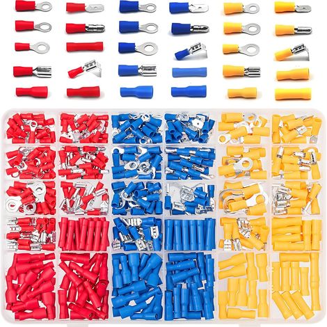 Cosses Electriques à Sertir 480 Pièces 30 Types - Connecteurs Voiture Complets avec Douilles Isolantes : Cosses Rondes, Fourches Plates, Femelles et Males