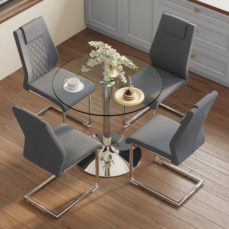 Lot de table à manger : table à manger minimaliste moderne en verre trempé de 85 cm de diamètre, combinée avec 4 chaises de salle à manger avec pieds en métal argenté et assises en simili cuir gris fo