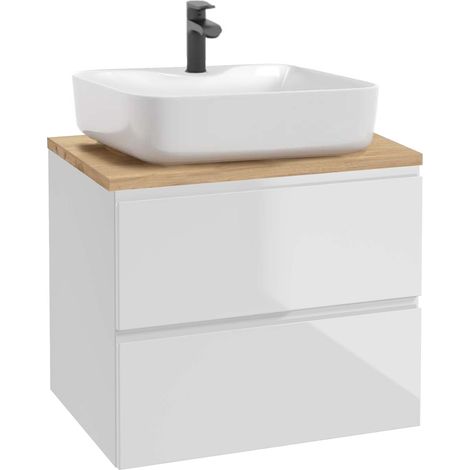 Badezimmer-Waschtischunterschrank – Weiß lackiert – 60 cm – Eichenplatte – Waschbeckenunterschrank
