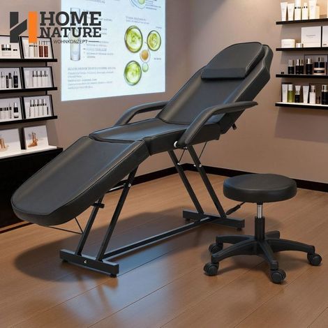 Table de massage 3 zones avec tabouret – Lit esthétique pour SPA, tatouage et salon de beauté – Noir – 182 x 81 cm – Home Nature Wohnkonzept