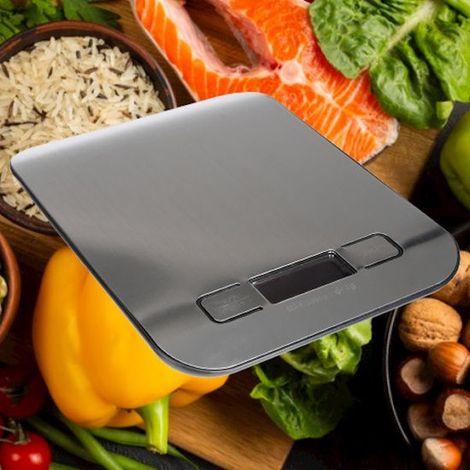 Balanza digital de cocina de acero inoxidable - Balanza digital de precisión - Metal - Funciona con pilas - De 5 g a 5 kg - Plateada (1/5)