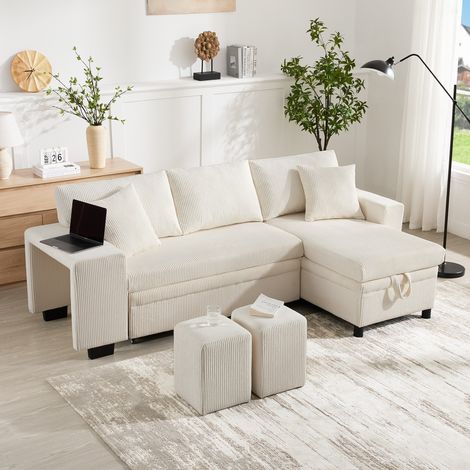 Divano letto 3-4 posti - Divano letto a L con porta USB e cuscini - 231x131,5x84 cm - Velluto a coste beige
