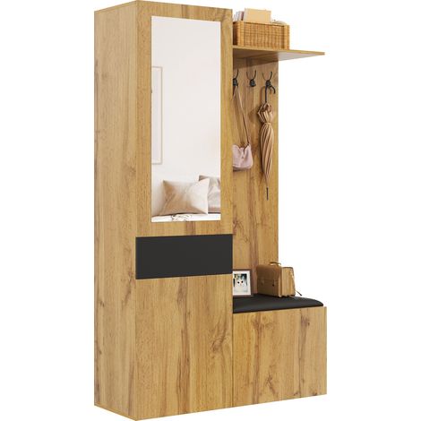 Flurmöbel Set mit 5 Haken, Spiegel, Sitzbank und Schuhschrank, Modern, aus MDF, Schwarz Natur, 98,5×38×191 cm (1/5)