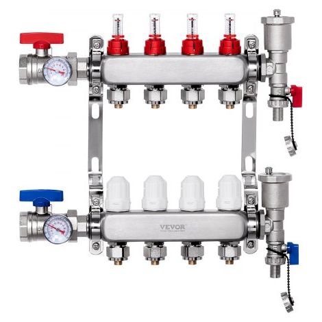4-Zweig-Wärmeverteilungsverteiler, 1/2-Zoll-PEX-Rohrverteiler, Edelstahl-PEX-Verteiler für hydronische Fußbodenheizung, Wärmeverteilungs-PEX-Verteilersatz mit 1/2-Zoll-Adaptern im Lieferumfang enthalt (1/5)