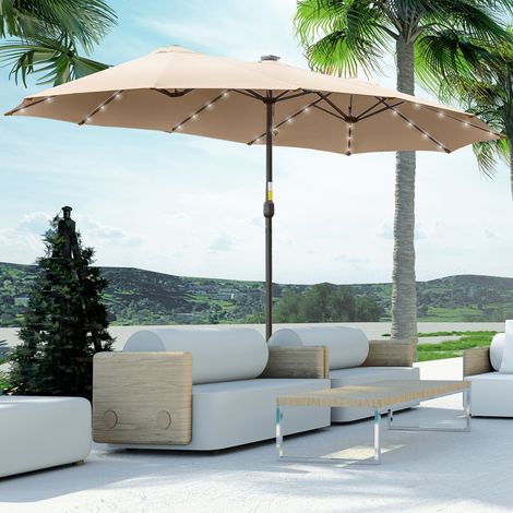 Parasol jardin double 4,5m 48 lumières LED manivelle, kaki
