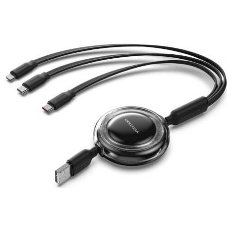 Cable USB Retráctil Vention TRJBBE/ USB Macho - Lightning/ 2xUSB Tipo-C/ Hasta 17.5W/ 10Gbps/ 1.1m/ Negro