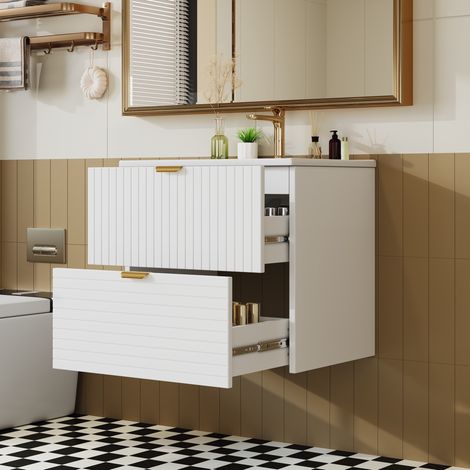 MODFU – Mueble lavabo suspendido 61x46x57 cm de MDF con lavabo de cerámica, 2 cajones silenciosos y herrajes incluidos – Blanco (1/5)
