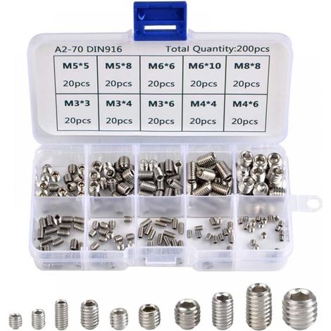 Lntyq 200Pcs Vis Allen Acier Inoxydable Vis Sans Tête Hexagonale Set Métriques Accessoires Métalliques Professionnelles M3 M4 M5 M6 M8