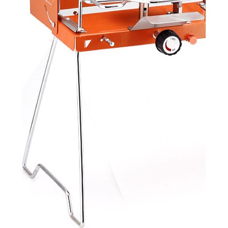 Tragbarer Outdoor-Gaskocher mit zwei Brennern und klappbarem Ständer, aus Aluminiumlegierung, orange. (1/5)