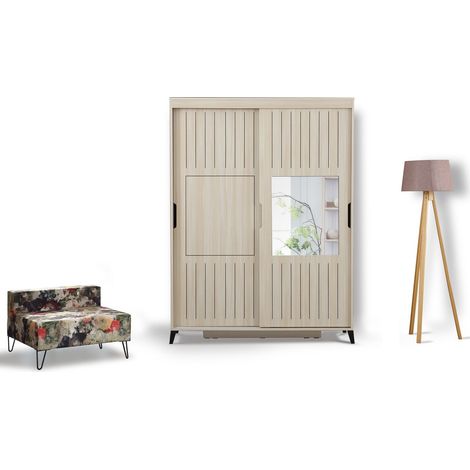 Armoire adulte chêne clair 2 portes coulissantes avec miroir Marka - 8 tailles-Largeur 130 cm (1/5)