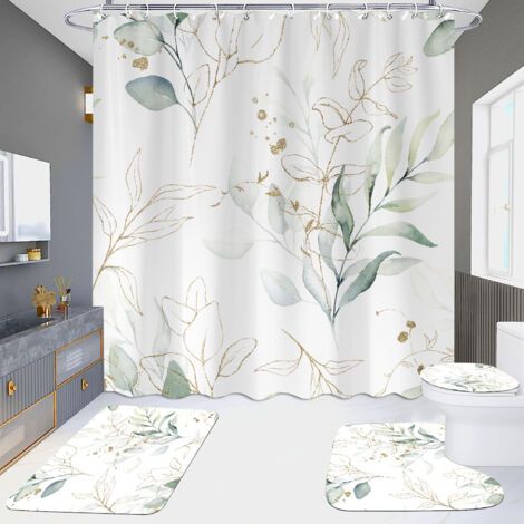 Rideau de douche eucalyptus vert sauge, rideau de douche feuilles de plantes printanières, tissu imperméable, rideau de douche aquarelle vert et or avec crochets, 71 x 71 pouces