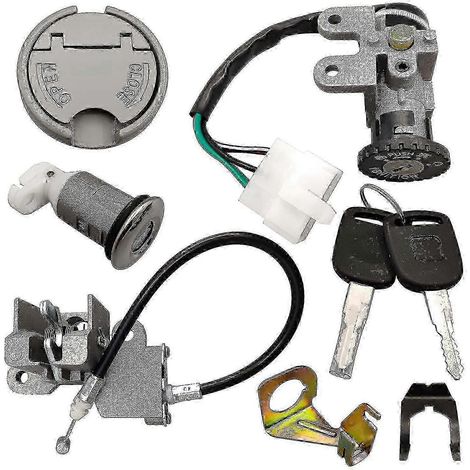 Kit de verrouillage avec clé pour scooter et moto GY6 50cc : contacteur d'allumage, bouchon de réservoir, antivol de selle et clé. (1/5)