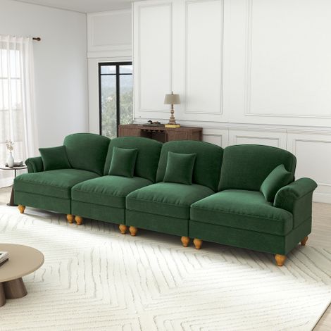Elegantes großes 4-Sitzer Sofa im Mid-Century-Stil aus Chenille mit Trichter-Armlehnen, abnehmbarer Rüschenschürze & spindelförmigen Beinen – Komfortables Wohnzimmer-Sofa,Grün 
WL