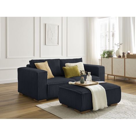 BOBOCHIC - Canapé droit fixe 2 places CHELSEA gros côtelé doux avec pouf Noir (1/5)