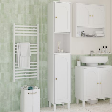 Armario de baño tipo columna ARSENE, 2 puertas y 1 nicho, madera blanca (1/5)