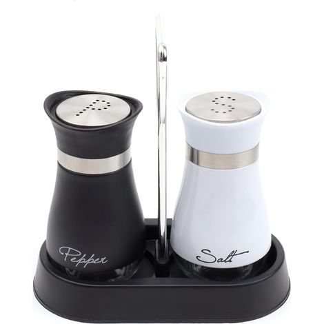 Lot de 2 salieres poivrieres en verre et acier inoxydable 120 ml avec support design noir blanc cuisine (1/5)