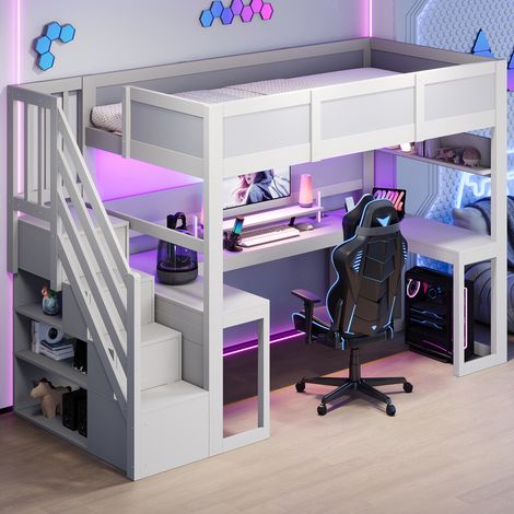 Lit mezzanine 90 x 200 cm, lit enfant surélevé, bureau intégré, étagères ouvertes, éclairage LED, ports USB et USB-C, échelle, contreplaqué, blanc (1/5)