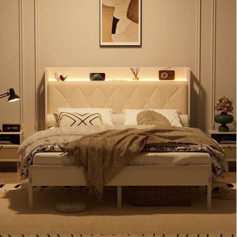 Cama para adultos de 140x190 cm con LED y puertos USB, espacio de almacenamiento bajo la cama, cabecero tapizado, estructura de acero negro y lino - blanco (1/5)