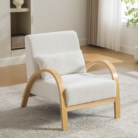 Fauteuil lounge scandinave – Tissu chenille doux, cadre en bois massif – Couleur ivoire – Pour salon, chambre ou espace détente – Siège confortable design nordique