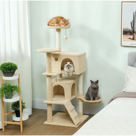 Árbol para gatos 140 cm con hamaca, caseta, escalera y postes de sisal, beige HAVRYA (1/3)