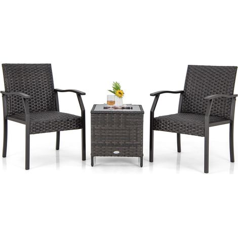 3 Piece Patio Wicker Chair Set Outdoor Rattan Conversation Set w/ Padded Seat (1/5)