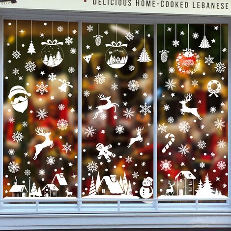 Autocollants blancs pour vitrines de Noël, guirlandes de Noël, flocons de neige, autocollants statiques, autocollants pour vitrines de traîneaux de rennes, décorations de Noël pour vitrines de magasin
