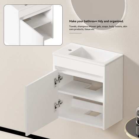 Armoire de salle de bain blanche 46cm, meuble de rangement spacieux avec 1 porte à fermeture amortie. (1/5)