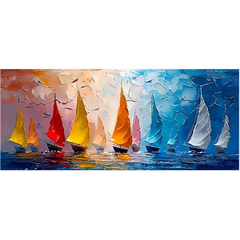 Lupia - Quadro moderno Canvas Prime LA FLOTTIGLIA 38x90 cm, Stampa su Tela effetto Pennellate tridimensionale, Telaio in Legno, per soggiorno capezzale camera da letto ufficio navi e barche in mare